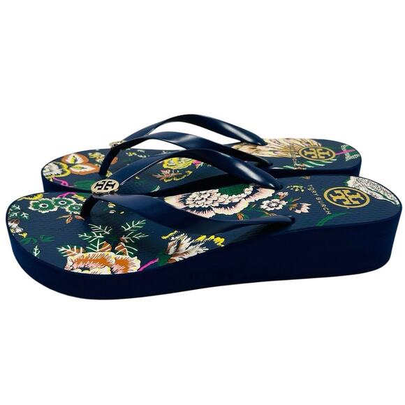 Tory Burch Platform Flip-Flops, floral pattern Montauk Navy/Happy Times. Size 10 - Picture 4 of 8